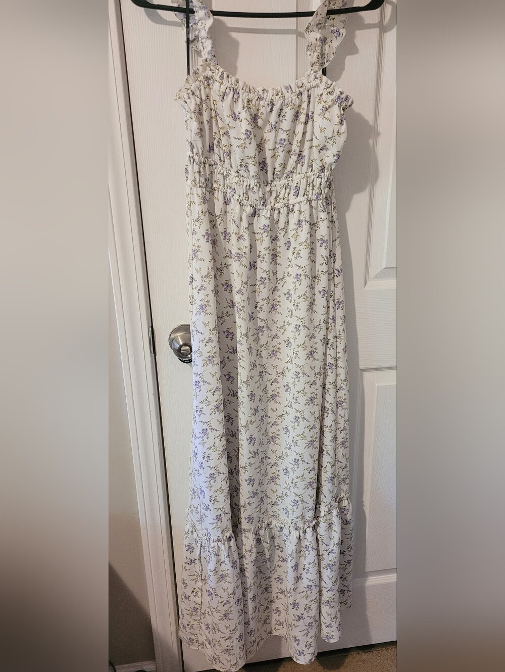 Cottagecore Forever21 Floral Smocked Maxi Dress in White with Lavender Print
